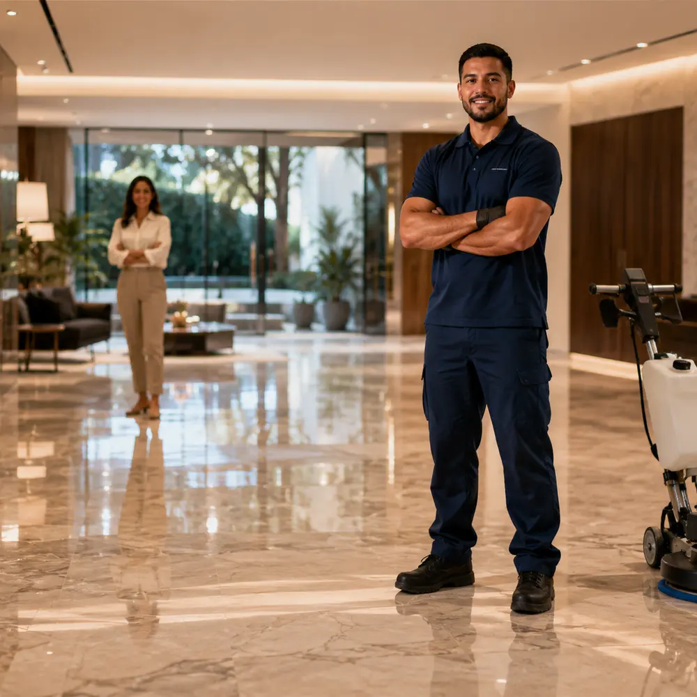Profissional da Pollifloor Pisos em ambiente com piso restaurado